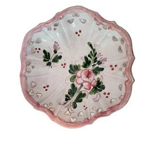 Hand Painted Italian Pottery Reticulated Bowl Pink Roses Heart Made in Italy